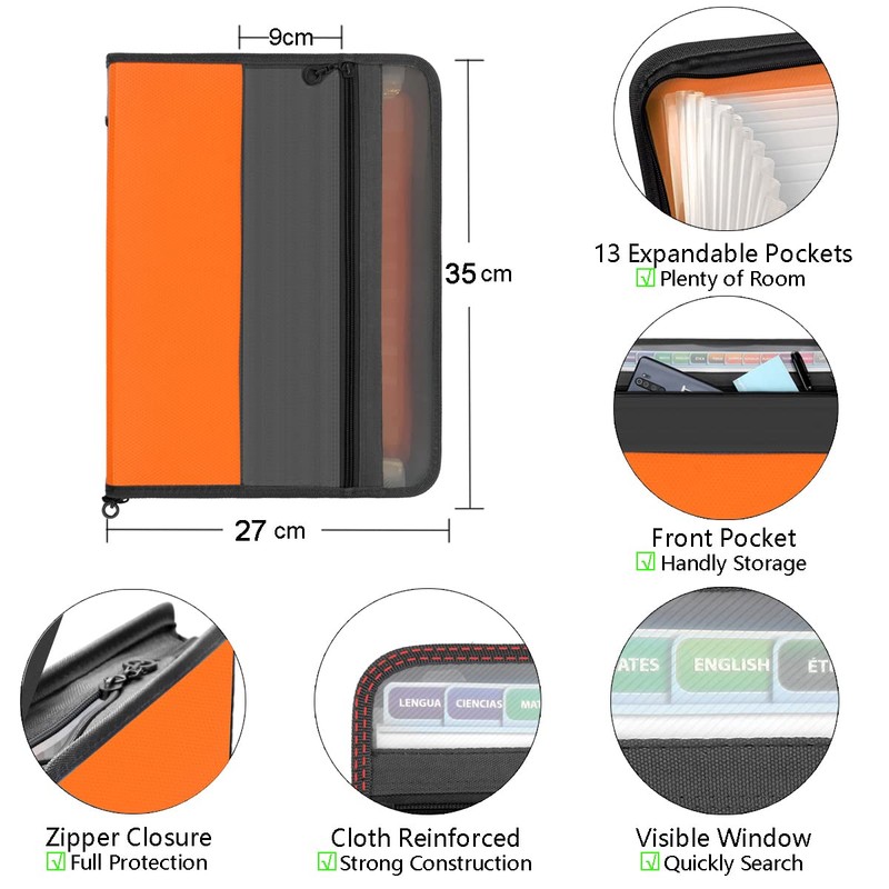 TRANBO 13 Pockets Expanding File Folder with Zipper Closure, A4