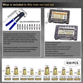 ASKWAY Rivet Nut Tool Set SAE & Metric 860 PCS SAE Pressure Rivet Nut Kit