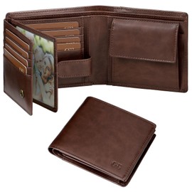 GSG SINCE 1998 Mens Leather Wallet with Coin Pocket, RFID Blocking Genuine Cowhide Bifold Wallet, Large Capacity with 17 Card Slots, 2 Large ID Windows, 2 Note Compartments, Coffee