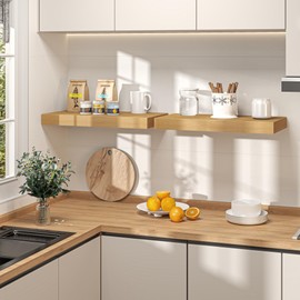 Fun Memories Oak Finish Floating Shelves for Wall, Set of 2, 16 Inch Wall Mounted Shelves, 12" Deep x 2" Thick Storage Shelves with Invisible Brackets for Bathroom Bedroom Living Room Kitchen