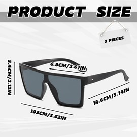 EujRcf 3pcs Flat Top Oversized Sunglasses, Futuristic Glasses, Neon Glasses, Square for Women Men, Square Oversized Sunglasses for Women Men Fashion Flat Top Big Frame Shades