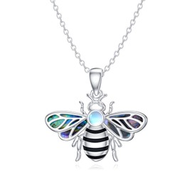 HARMONY BOLA Necklace with Moonstone Bee 925 Sterling Silver Abalone Shell Bumble Bee Pendant Jewellery Birthday Christmas Gifts for Women, Sterling Silver