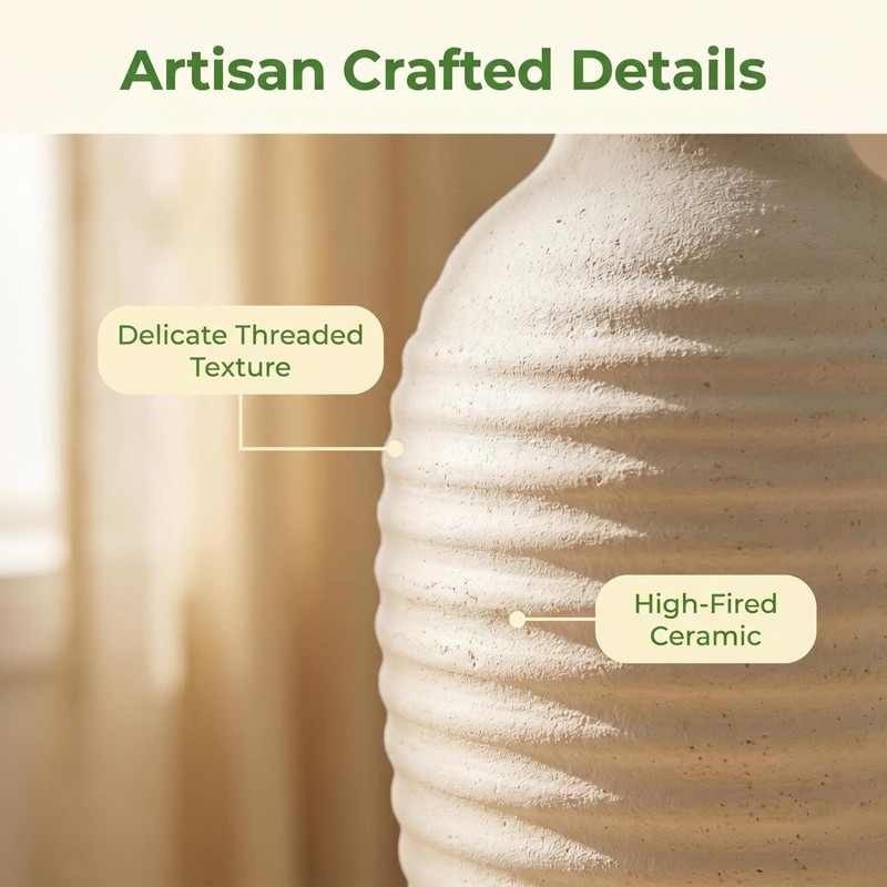 14.4 Inch Farmhouse Ceramic Vase for Pampas Grass, Off White