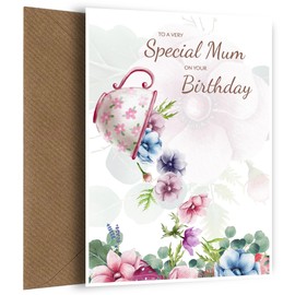Traditional Mum Birthday Card for Mother Female Adult - Floral Tea Cup Bday Cards for Her with Lovely Words - Watercolour Birthday Card for Mum Female