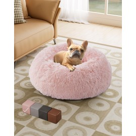 OhGeni Calming Donut Bed for Dogs and Cats, Ultra Soft Circle Bed, Cozy, Waterproof, Zipper Cover, 23 in Bed, Small Dog Bed (Pink)