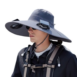 ZoeMeilil Solar Fan Fishing Hat 2 Fans – UPF 50+ UV Protection, Adjustable Bucket Hat for Outdoor Fishing/Gardening/Hiking/Travel (US, Alpha, One Size, D - Dark Gray)