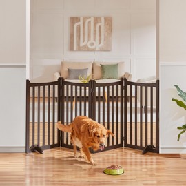 Yaheetech 36" H Extra Tall Freestanding Pet Gate 4-Panel Wooden Dog Fence with 2 Support Feet Folding Dog Gate for Indoor, Stairs, Doorway, Halls, Kitchen Wooden Pet Barrier Espresso, 79.5" L x 36" H