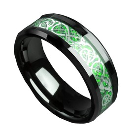 HIJONES Men's Celtic Dragon Green Carbon Fiber Black Stainless Steel Ring Wedding Band 8mm Size P