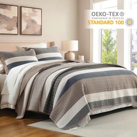 Finlonte 100% Cotton Quilt Set, Striped Farmhouse Reversible Lightweight Quilted Bedspreads, 3-Piece, Brown/Cream/Beige/Gray, King Size