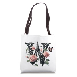 Letter W Initial Floral Monogram Rose Pink Flower Butterfly Tote Bag
