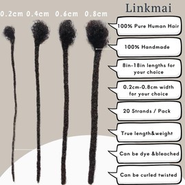 LinkMai 0.2-0.8cm Locs 8-18 I nch 20 Strands 100% Real Human Hair Dreadlock Extensions for Man/Women Permanent Loc Extensions Bundles Can Be Dyed Bleached Curled & Twisted (0.2CM, 1B, 8 INCH)