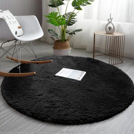 AMEHA Round Rugs Living Room – Black Area Rugs for Bedroom 120x120 cm Anti Slip – Modern Super Soft Thick Pile Fluffy Shaggy Rug – Plush Carpet Non Shedding Easy to Clean
