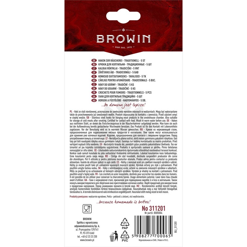 Browin Stainless Steel S-Hooks, Pack of 5, Meat Smoking &