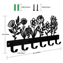 Wall Mounted Metal Towel Rack with 6 Hooks Black Metal Towel Holder for Bathroom Space Saving, Waterproof Rustproof Easy Install Bathroom Decor(Flower)