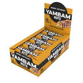 Body Attack Sports Nutrition Body Attack YAMBAM NUTS Peanut Butter Caramel, 15 x 55g, Proteinriegel mit mehr als 30% Eiweiß, Fitness-Riegel ohne Zuckerzusatz und ohne Aspartam