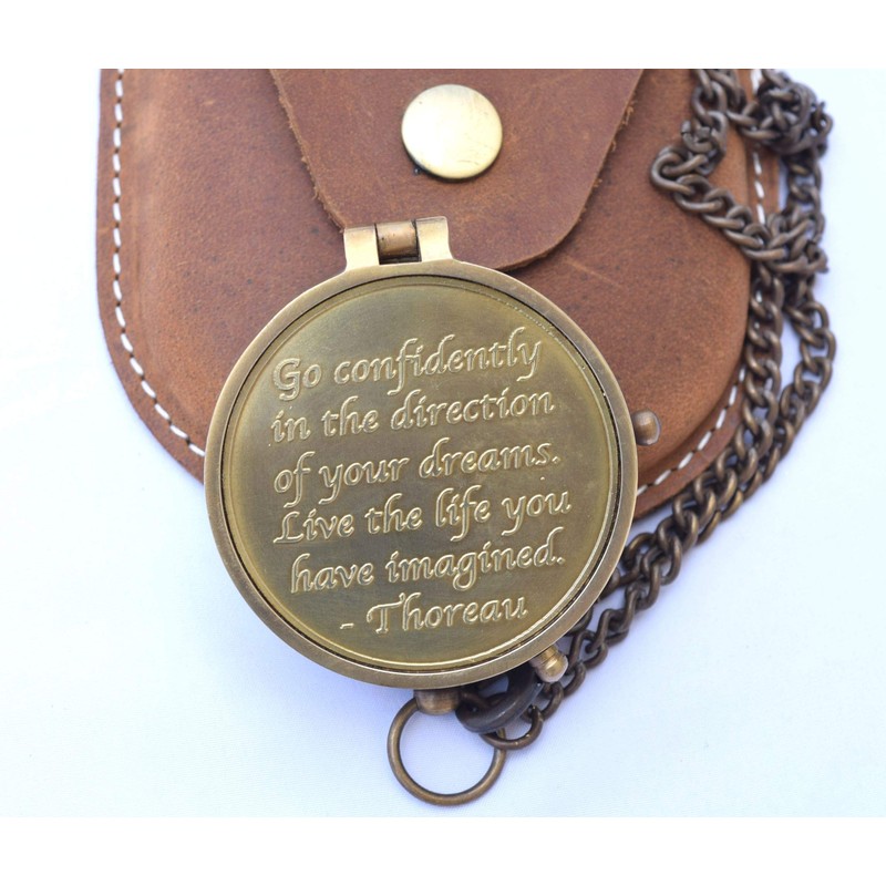 Brass Compass Engraved with Thoreau's Go Confidently Quote and Embossed
