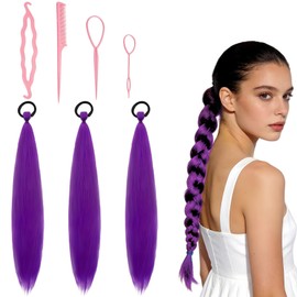3 Pcs 26 Inch Purple Hair Extensions, Long Straight Purple Hair Braid With 4pcs Tool Kit, Braids Extensions Can Turn into Braids Suitable for Halloween Costumes for Female Stage Performances