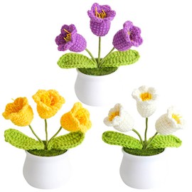 3 Pcs Crochet Patted Flowers,Artificial Knitted Lily of The Valley Flowers Handmade Crochet Flower for Home Office Car Dashboard Decor,Fake Bell Orchid