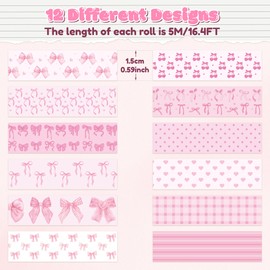 BkeeCten 12pcs Coquette Pink Washi Tape, Trendy Watercolor Pink Bow Cherry Preppy Aesthetic Decorative Tape, Cute Bowknot Heart Buffalo Plaid Artistic Tape for DIY Craft Scrapbook Wrapping Decor