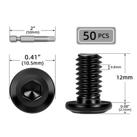 50 PCS M5 x 12mm Flat Head Socket Cap Screws Bolts, Flat Round Head Furniture Allen Bolts, Stainless Steel 304, Black Coating, Screwdriver Bit Included