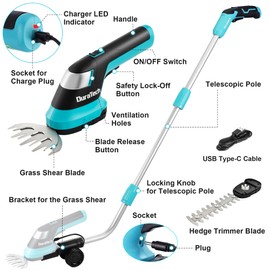 DURATECH Cordless Hedge Trimmer, 7.2V 3-in-1 Handheld Electric Grass Trimmer & Hedge Shears with 50" Wheeled Extension Pole, USB Type-C Cable and Built-in Li-ion Battery, for Garden, Yard and Lawn