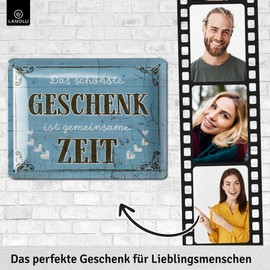 LANOLU Retro Tin Signs "Das Schönste Geschenk ist GEMEINSAME ZEIT" Vintage Metal Signs with Sayings as Wall Decoration for Kitchen and Garden - Shabby Chic Decoration Farmhouse Wood Look 15 x 20 cm