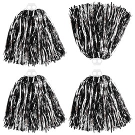 Thenshop Cheerleading Pom Poms 4 Pack Cheerleader Squad Spirited Fun Pompoms Cheer Hand Flowers Metallic Foil Pompoms for Adults Sports Meeting Team Spirit Cheering Party(Black and Silver)