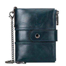 Womens Purse Wallet RFID Blocking Real Leather Ladies Purses with Chain Multi Compartment Purses for Women with Double Zip, Small Bifold Ladies Wallets with Coin Pocket 16 Card Holder (Blue)