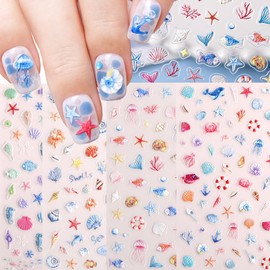 4 Pcs Summer Ocean Nail Stickers for Nail Art, 5D Embossing Self-Adhesive with Shell Fish Jellyfish Nail Decals, Nail Supplies Nail Art Design Accessories for Women and Girls Manicure DIY Decoration