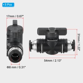 PATIKIL 8mm Pneumatic Ball Valves 5 Pack 8mm OD BUC Push To Connect Tube Fitting Ball Valve Union Straight Air Flow Control Valve for Air Hydraulic Black Silver