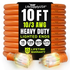 10ft Outdoor/Indoor Extension Cord 10/3 Gauge Ultra Heavy Duty 3 Prong SJTW, Waterproof, Flexible Cold-Resistant Long Power Cord,15A 125V 1875W, Orange by LifeSupplyUSA