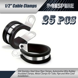 1/2" Cable Clamps 25 PCS, MISPIRE Stainless Steel 304 Hose Pipe Clamps, Automotive Wire Rubber Insulated Clamps