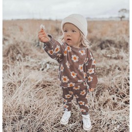 Toddler Baby Girl Fall Winter Clothes Long Sleeve Floral Print Sweatshirt Top + Casual Pants 2Pcs Set Infant Clothes (B-Dark Yellow, 12-18 Months)