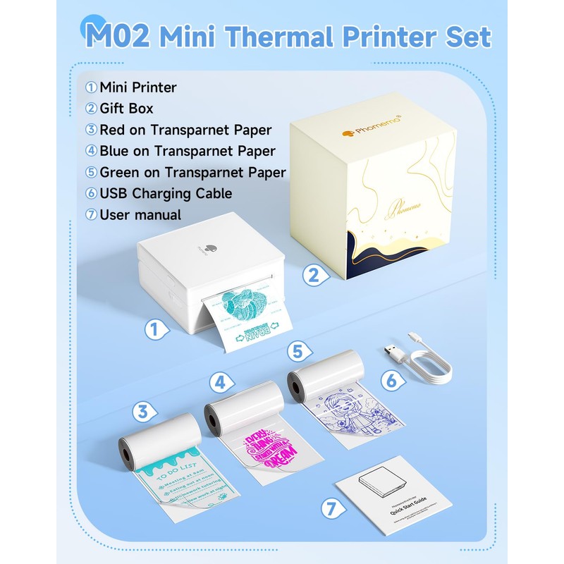Phomemo Mini Printer, M02 Thermal Printer Mini Printer for Smartphone