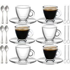 BOHEM'S Espresso Cups, 3.2 oz Small Demitasse Clear Glass Espresso Drinkware, Set Of Cups, Saucers and Stainless Steel mini Spoons + Free Glass Spoons (Set of 6)