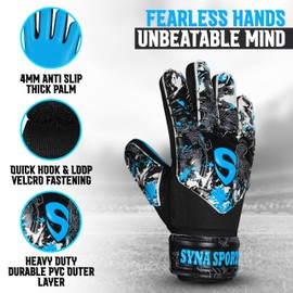 SYNA SPORTS Soccer Goalkeeper Gloves for Kids Boys Youth, Soccer Goalie Gloves 4MM Anti-Slip Resistant Latex Palm Double Wrist Support, All Weather Football Gloves (Cyan, 4)