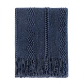 BOURINA Textured Solid Soft Sofa Throw Couch Cover Knitted Decorative Blanket, Navy, 127x152cm
