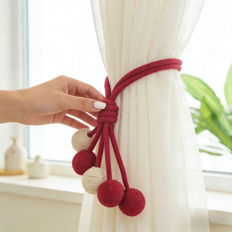 2 Packs Cute Hanging Ball Curtain Tiebacks Crochet Cotton Curtains