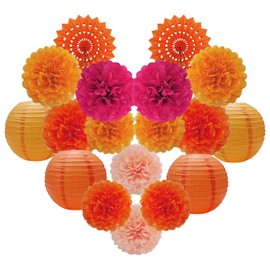 Keihok Fall Orange Party Decorations, Tissue Paper Pom Poms Paper Lanterns Paper Fans for Orange Birthday Wedding Baby Shower Decor, 18 Pcs Thanksgiving Decorations.