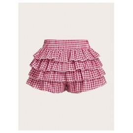 BEAUDRM Women's Y2K Gingham Short Elastic Waist Bow Knot Shorts Tiered Layer Ruffle Mini Shorts Red and White Medium
