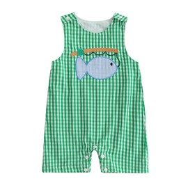 DSOKUHIB Newborn Baby Boy Clothes Fish Embroidered Romper Plaid Sleeveless Jumpsuit Overalls Infant One Piece Summer Outfit (Green, 3-6 Months)