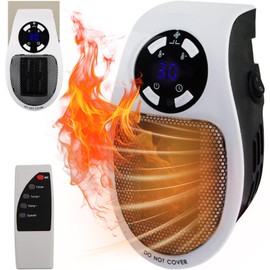 500 W Socket Fan Heater Mini Heater, FainFun MiNi Heater Socket, Socket Heater, Ceramic Quiet 500 W with Remote Control, Mini Heaters with 2 Ventilation Levels, Thermostat, Timer