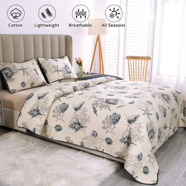 Coastal Quilts Queen Size, 3-Piece Starfish Shell Pattern Queen Beach Themed Bed Spreads, Soft Cotton Coastal Quilt Set with Pillowcases, All Seasons Quilt Bedding Set, 90x98 Inch