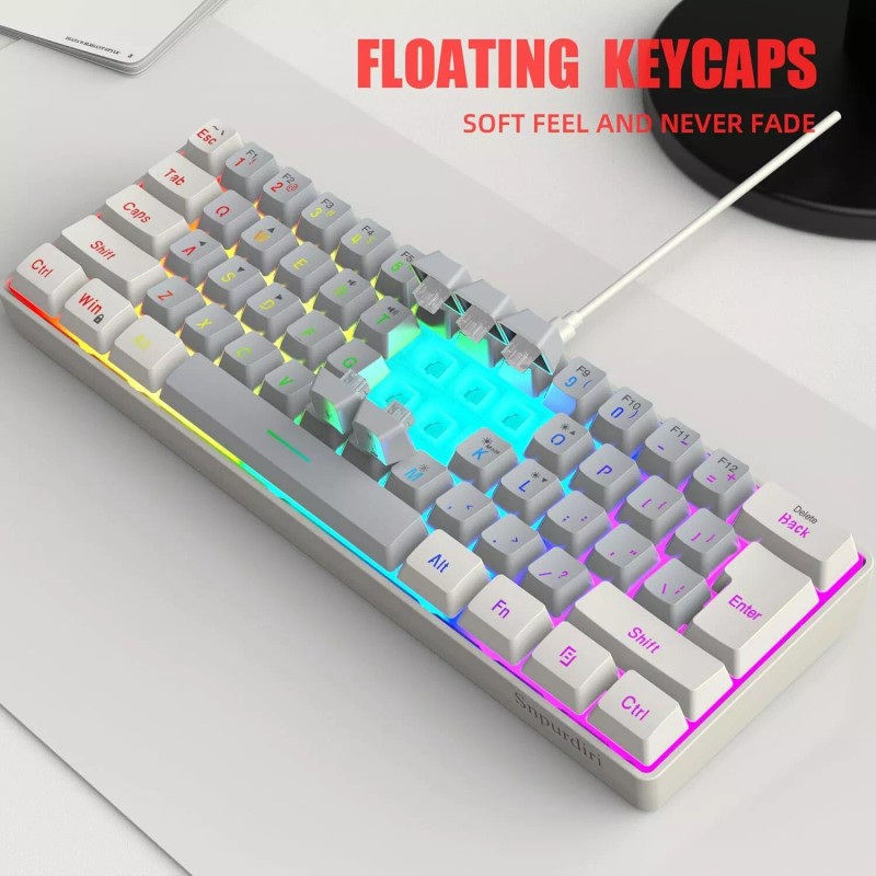 Snpurdiri 60% Wired Gaming Keyboard, RGB Backlit Mini Keyboard (White-Grey)