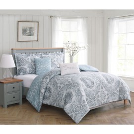 Boho Living – Comforter Set | Picadilly Queen Bedding | 5 Piece Set | Includes Reversible Comforter, 2 Decorative Pillows & 2 Pillow Shams | 100% Polyester | Microfiber | Bedroom Décor | Blue/Gray