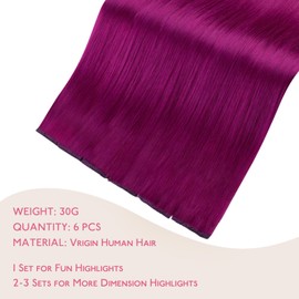 WENNALIFE Purple Clip-In Human Hair Extensions, 40 cm, 6 Pieces, 30 g, Remy Clip-In Hair Extensions, Natural Real Hair