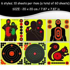 60 Sheets Reactive Shooting Target, 8 in Bullseye Reactive Shooting Target,Where you hit turns bright yellow, Shooting Targets Suitable for shooting training pre match training Self adhesiv(6 Styles)