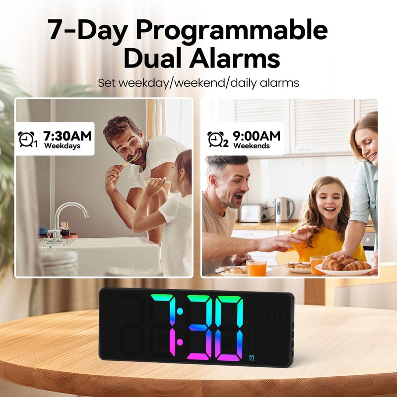 YISILE 13" Digital Wall Clock with Night Light,8 RGB Color,Dual
