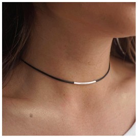 Allereyae Vintage Leather Choker Necklace Silver Bar Choker Necklace Short Black Leather Bar Necklace Boho Necklace Jewelry