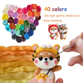 Felt Wool Fairy Tale Wool, 40 Colours Felt Wool Set, Needle Felting Wool Set, Including 2 Templates, 20 Eyes Needle Felt Wool Set for Wet Felting and Dry Felting DIY Crafts